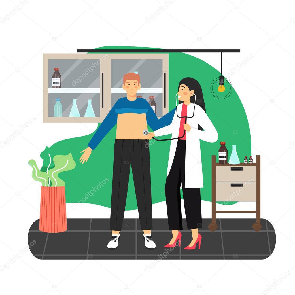 Doctor therapist, physician examining patient with stethoscope, flat vector illustration. Doctor examination.
