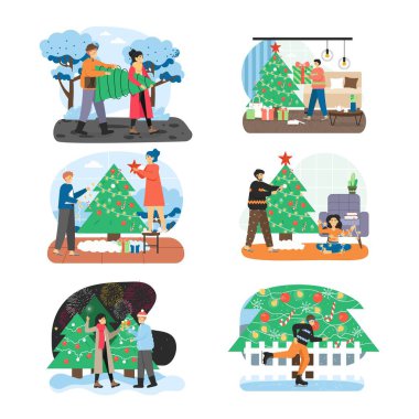 Mutlu Noeller, düz vektör çizimi. İnsanlar kış tatili kutlamalarına, buz patenine hazırlanıyor..