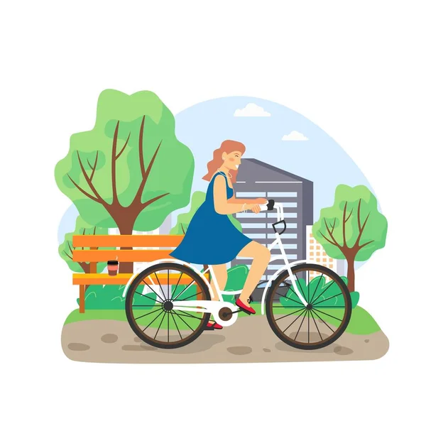 A vida diária. Jovem mulher andando de bicicleta no parque, ilustração vetorial plana. rotina diária, atividades cotidianas. — Vetor de Stock