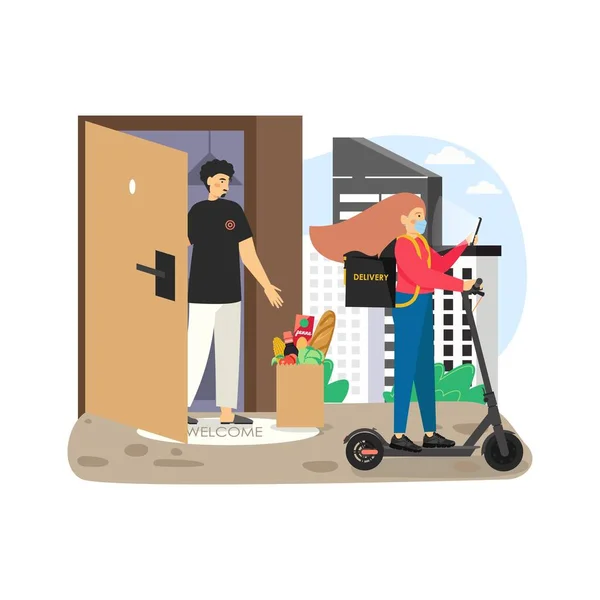 Courrier fille en masque laissant sac d'épicerie à la porte, illustration vectorielle plate. Service de livraison sans contact sûr. — Image vectorielle