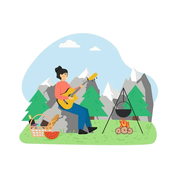 Scène barbecue d'été. Femme jouant de la guitare assise au feu de camp, illustration vectorielle plate. — Image vectorielle