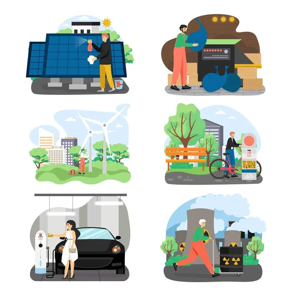 Eco verde conjunto de energía, ilustración vectorial plana. Energía eólica y solar, transporte ecológico, estilo de vida ecológico. — Vector de stock