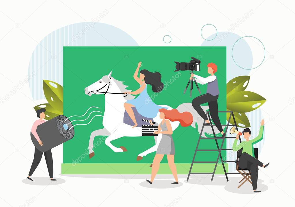 Film crew shooting movie, flat vector illustration. Actress riding horse. Cinematography, filming process.
