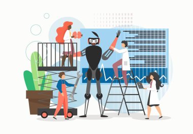 Mühendisler karikatür karakterleri robot yaratıyorlar. Teknoloji laboratuvarında, düz vektör illüstrasyonunda. Robot bilimi.