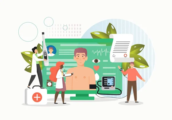 Doctor characters examining male patient on computer screen, flat vector illustration. Online medical consultation. — Stock Vector