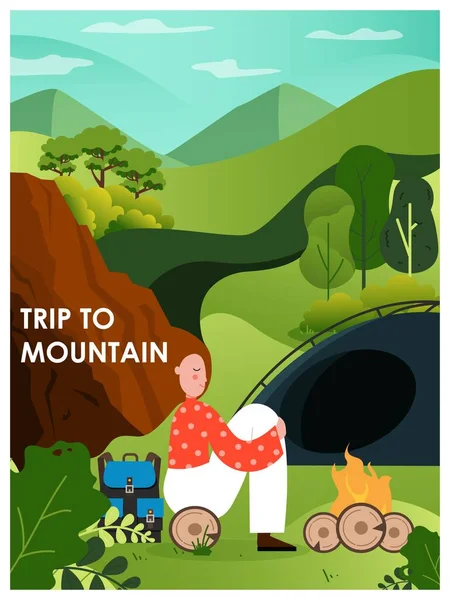 Cartel de viaje a las montañas, plantilla de banner. Mujer feliz sentada junto a la fogata en el bosque, ilustración vectorial plana. — Archivo Imágenes Vectoriales