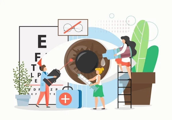 Doctor oculist eye check up. Ophthalmologist eyesight examination, vision test and correction, vector flat illustration. — Stock Vector