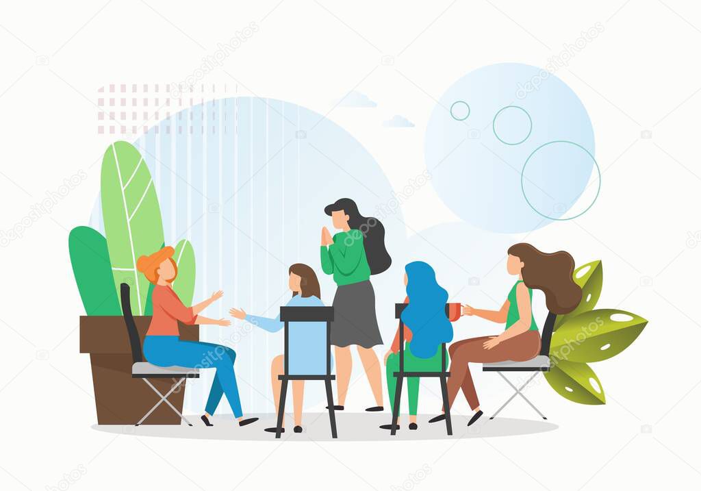 Female patients having problems sitting in circle and talking, flat vector illustration. Support group therapy.