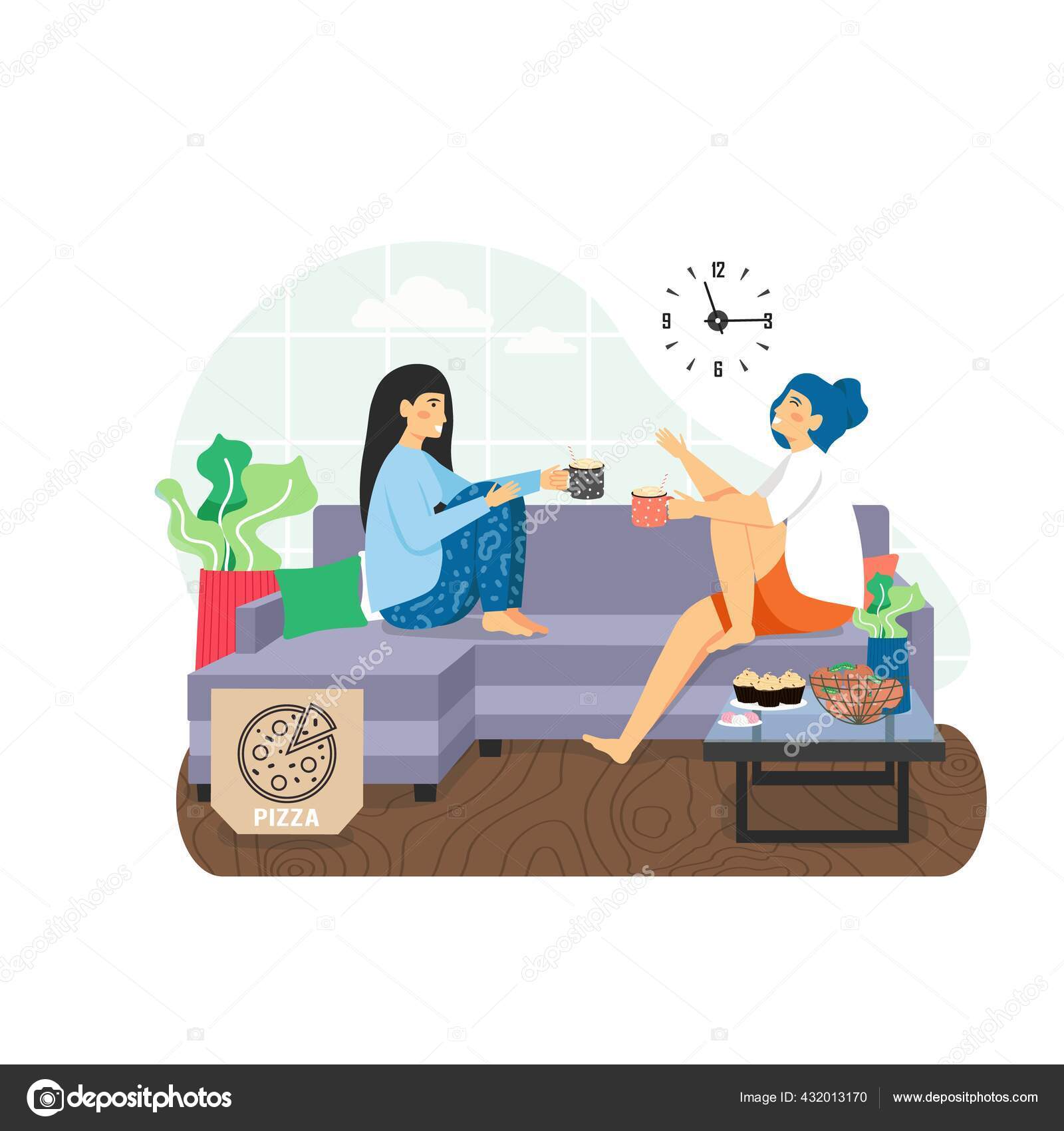 Две Счастливые Девушки Наслаждаются Пиццей И Кофе Сидя Дома На.