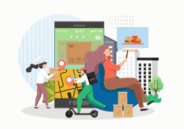 Kız sipariş veriyor, şef hazırlıyor, kurye fast food getiriyor, düz vektör çizimi. Online sipariş ve dağıtım.