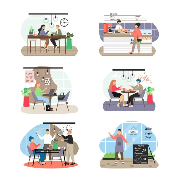 Koffie winkel scene set, platte vector geïsoleerde illustratie. — Stockvector