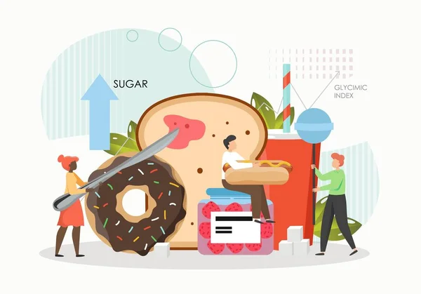 Люди їдять цукор, хліб, пончик, молюск, хот-дог, плоску векторну ілюстрацію. Нездоровий високий рівень вуглеводної їжі . — стоковий вектор