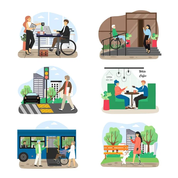 People with disabilities, visual impairment cartoon character set, flat vector illustration. Disabled people lifestyles. — Stock Vector