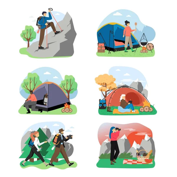 Escena de senderismo conjunto, vector plano ilustración aislada. Trekking, turismo de montaña, aventura de viaje, expedición, camping. — Archivo Imágenes Vectoriales