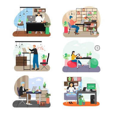 Ofis sahnesi hazır, düz vektör çizimi. Bilgisayarlarla çalışan, yoga yapan iş adamları. Ofis içi.