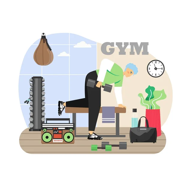 Mindennapi élet. Fitnesz terem. Fiatal ember gyakorolja súlyzó, lapos vektor illusztráció. Sport és egészséges életmód. — Stock Vector