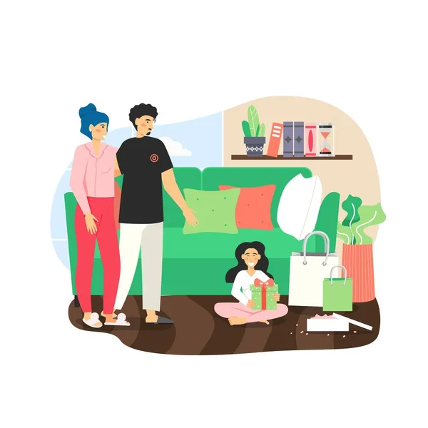 Parents looking at daughter sitting on the floor with gift box and bags full of birthday presents, vector illustration. — Stock Vector