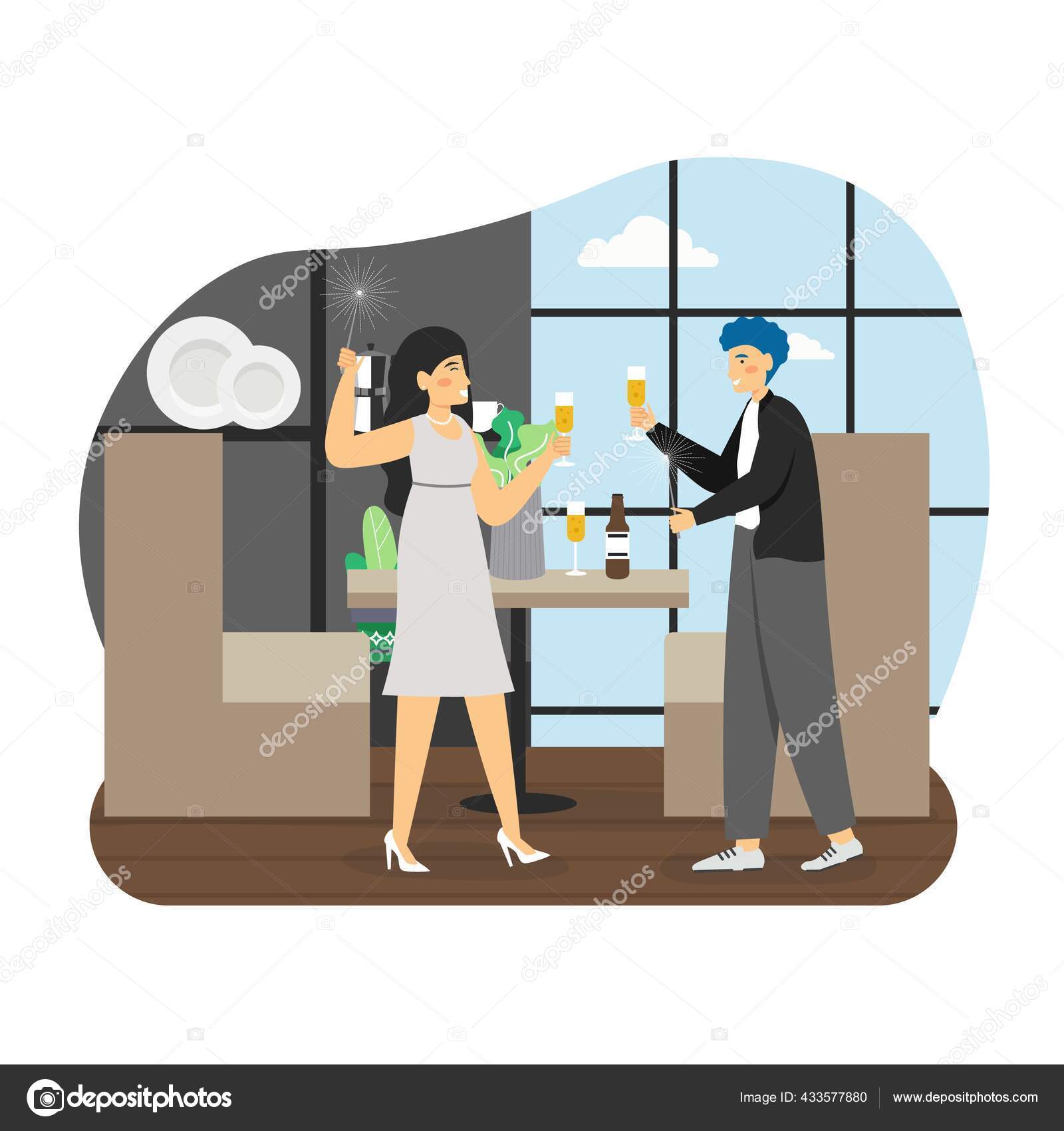 シャンパンと輝きのグラスで幸せなカップル フラットベクトルイラスト カフェ レストランでの新年の休日 ストックベクター C Skypistudio シャンパンと輝きのグラスで幸せなカップル フラットベクトルイラスト カフェ レストランでの新年の休日 ストックベクター C Skypistudio