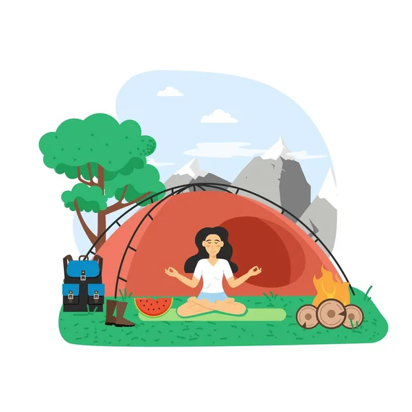 夏のBBQシーン。幸せな女性瞑想で座っている蓮のヨガの位置によってキャンプファイア,フラットベクトルイラスト. — ストックベクタ