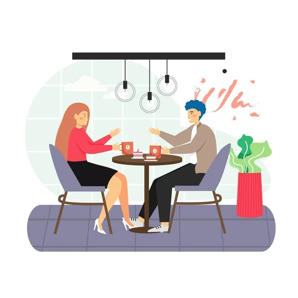 Koffieshop scene. gelukkig paar in liefde drinken koffie, praten met elkaar zitten aan tafel platte vector illustratie — Stockvector