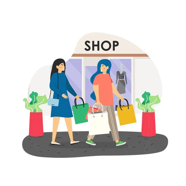 Due ragazze felici che fanno shopping insieme, illustrazione vettoriale piatta. — Vettoriale Stock