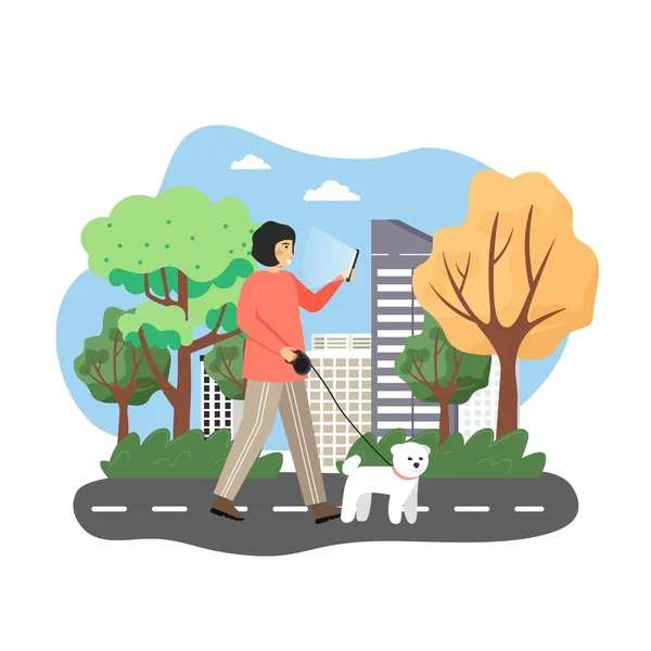 Mulher feliz andando com cão no parque da cidade e usando telefone celular, ilustração vetorial plana. Vício em Smartphone. —  Vetores de Stock