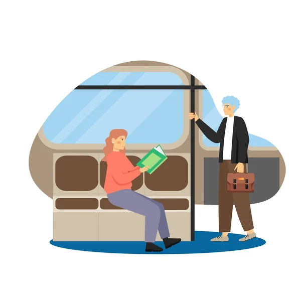 Daily life. Young man and woman commuting to and from work, flat vector illustration. — Stock Vector