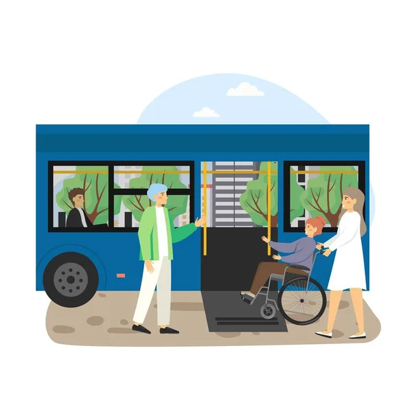 Young woman helping disabled man in wheel chair to board city bus using wheelchair access ramp, flat vector illustration — Stock Vector