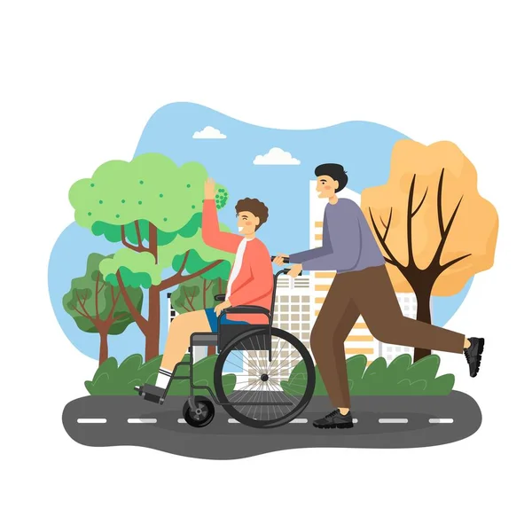 Uomo disabili che utilizza sedia a rotelle godendo a piedi nel parco della città con il suo amico, illustrazione vettoriale piatta. — Vettoriale Stock