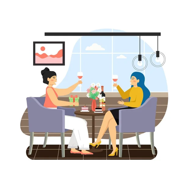 Two happy girls sitting at table and drinking wine at restaurant, flat vector illustration. — Archivo Imágenes Vectoriales