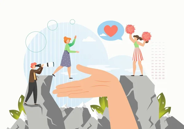 Human hand helping to reach target in business, charity and social support concept flat vector illustration. — Stockvektor