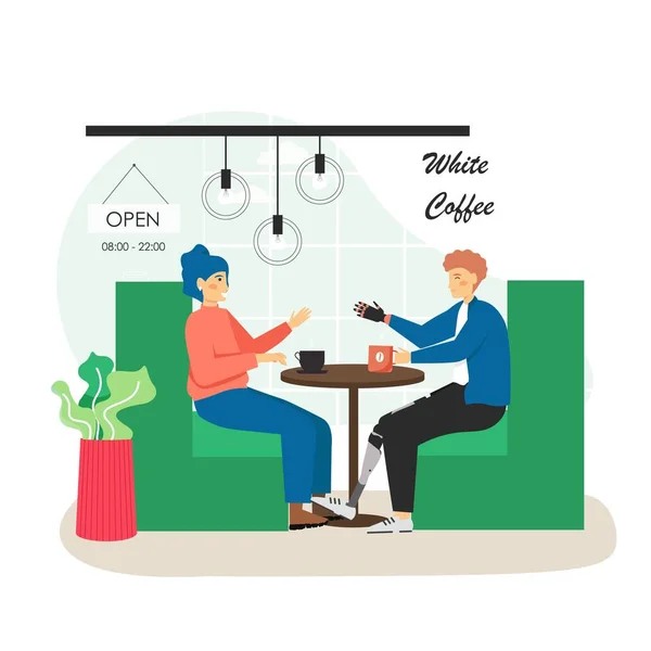 Meisje en gehandicapte man met prothetische arm en been vergadering voor koffie in cafe, platte vector illustratie. — Stockvector