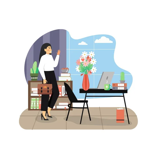 Happy business woman getting bouquet of flowers at work, flat vector illustration. Office flower delivery service — Vector de stock