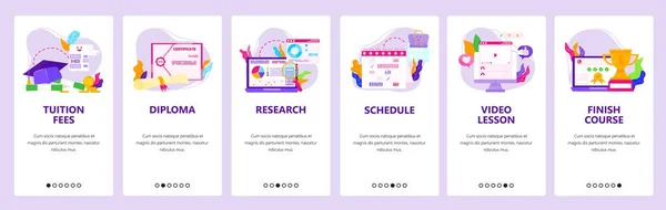オンライン教育、修了課程、卒業研究と卒業。モバイルアプリ画面,ベクターウェブサイトバナーテンプレート. — ストックベクタ