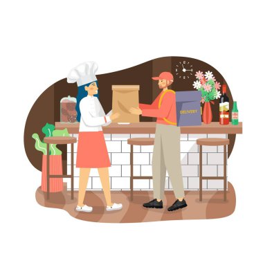 Düz vektör illüstrasyonlu servis elemanına paket servis yapan bir kadın. Kafe çevrimiçi yemek siparişi, teslimat hizmeti.