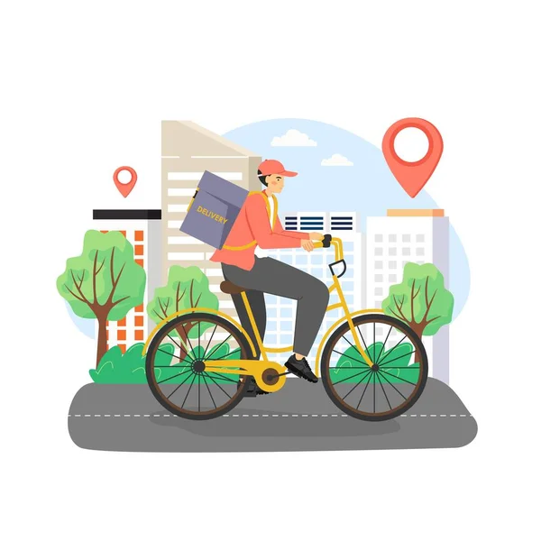 Entrega homem andar de bicicleta com caixa de comida em suas costas, ilustração vetorial plana. Serviço de entrega de bicicletas de comida da cidade. — Vetor de Stock