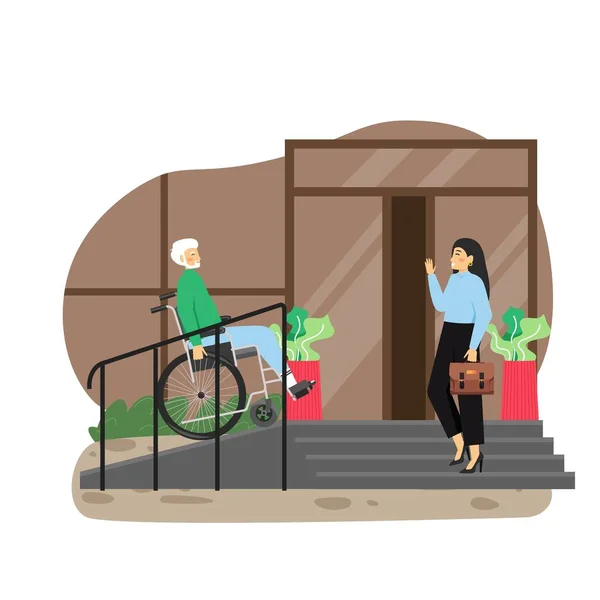 Behinderter Senior im Rollstuhl über Treppe mit Zugangsrampe am Hauseingang, flache Vektordarstellung. — Stockvektor