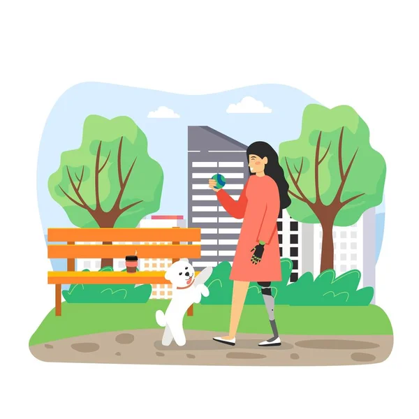 Chica discapacitada con prótesis pierna y brazo jugando juegos al aire libre con su perro mascota, ilustración de vector plano. — Vector de stock