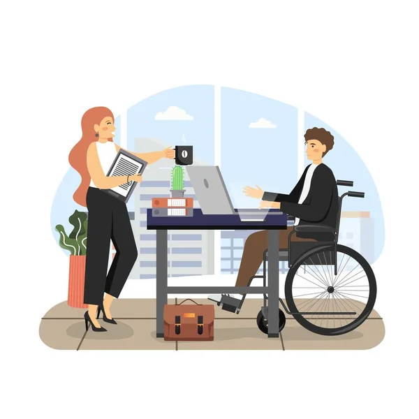 Людина з обмеженими можливостями, що використовує інвалідне крісло, що працює на ноутбуці в офісі, плоска Векторна ілюстрація . — стоковий вектор
