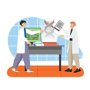 Laboratuvar önlüğü giymiş iki bilim adamı genleri, DNA yapısını ve düz vektör çizimini inceliyor. Genetik Bilimler Laboratuarı.