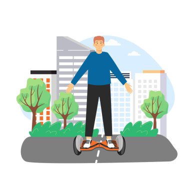 Jiroskopa binen mutlu adam, düz vektör çizimi. Çevre dostu şehir ulaşımı. Otomatik dengeleyici elektrikli scooter.
