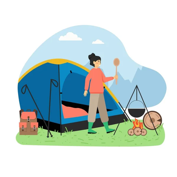 Cena de caminhadas, ilustração vetorial plana. Viajante, caminhante personagem feminino cozinhar refeição em chamas. Turismo de natureza, camping. — Vetor de Stock