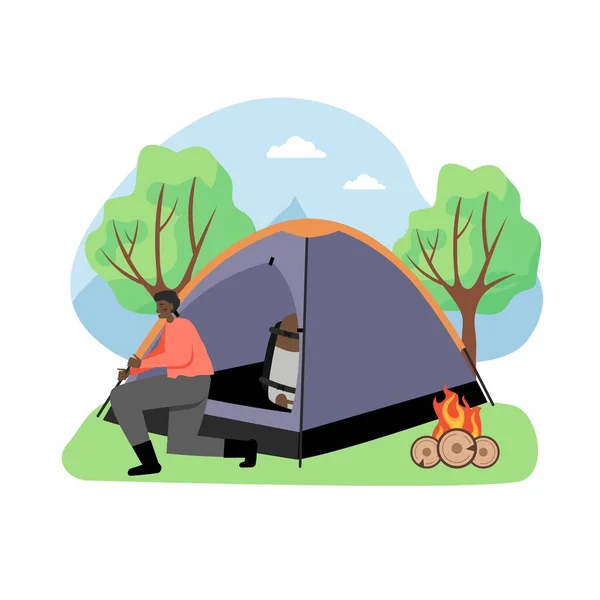 Scena escursionistica, illustrazione vettoriale piatta. Escursionista personaggio maschile seduto alla tenda e falò. Trekking, turismo estivo. — Vettoriale Stock