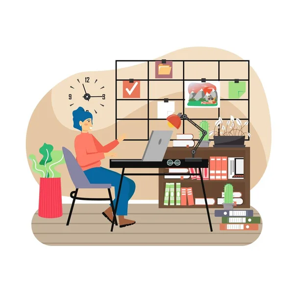 Lieu de travail de bureau moderne avec tableau de vision. Fille heureuse travaillant sur ordinateur assis au bureau, illustration vectorielle plate. — Image vectorielle