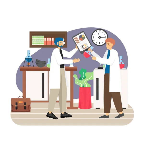 Two scientists discussing chemistry lab experiment report, flat vector illustration. Science research lab. — Stock Vector