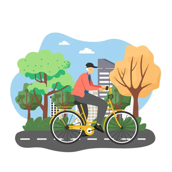 Hombre feliz montar en bicicleta, ilustración de vectores planos. Transporte urbano ecológico. Estilo de vida activo y saludable. — Vector de stock