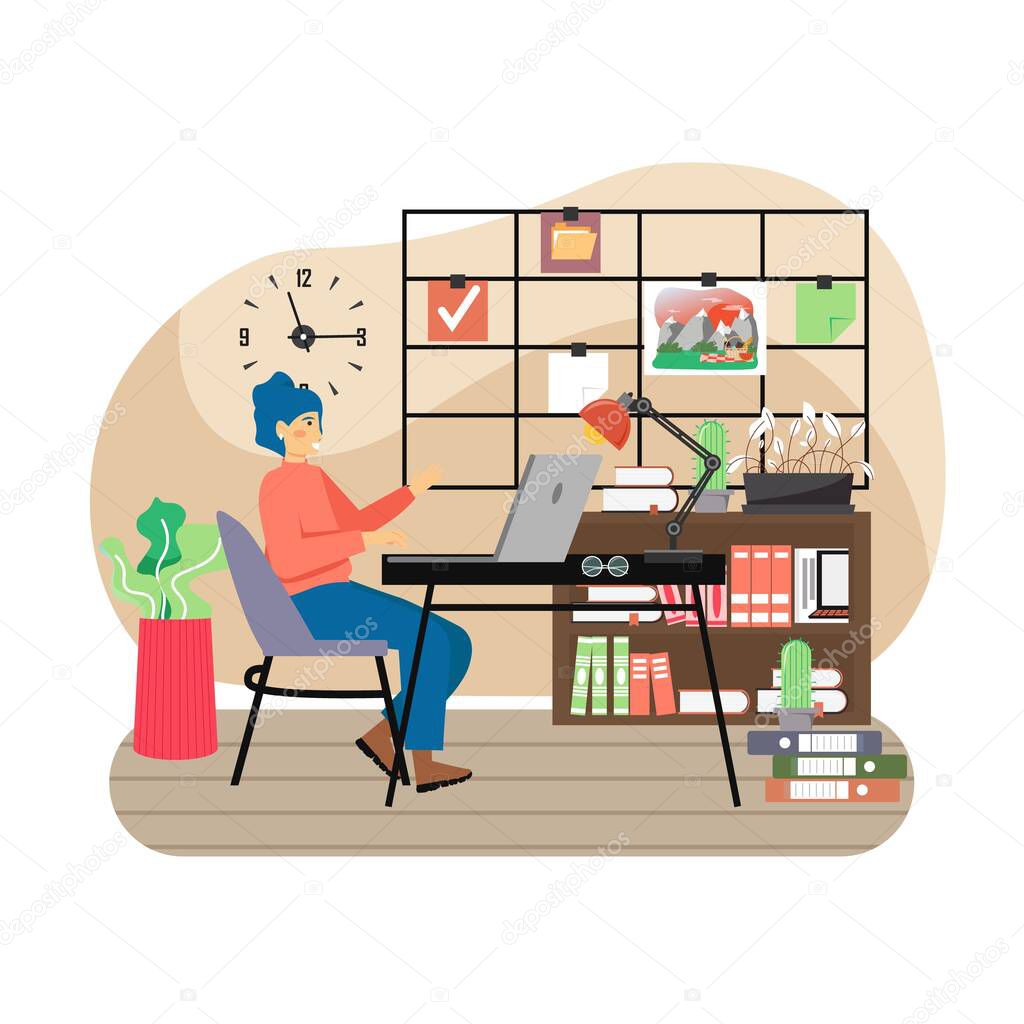 Modern office workplace with vision board. Happy girl working on computer sitting at desk, flat vector illustration.