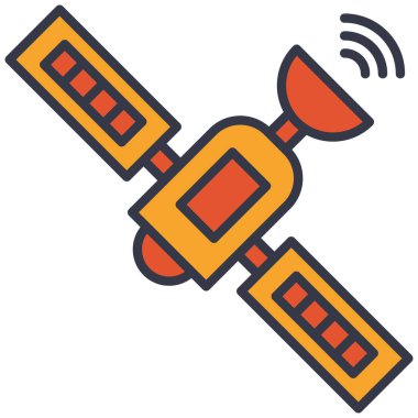Uydu internet iletişimi düz vektör simgesi. Dış uzay uydusu sinyal gönderiyor.