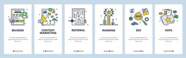İçerik pazarlama, müşteri değerlendirmeleri ve derecelendirme, SEO, veri araştırmaları. Mobil uygulama ekranları, vektör web sitesi pankart şablonu.