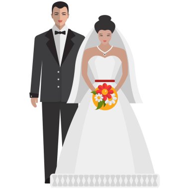 Gelin ve damadın düğün portresi beyaz renkte izole edilmiş.